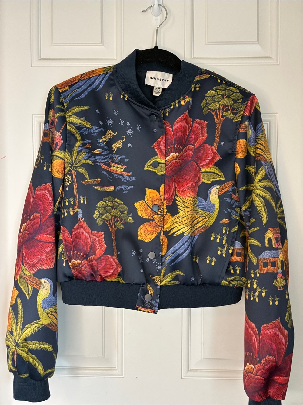 Floral Bomber Jacket - Navy with Red & Yellow Print